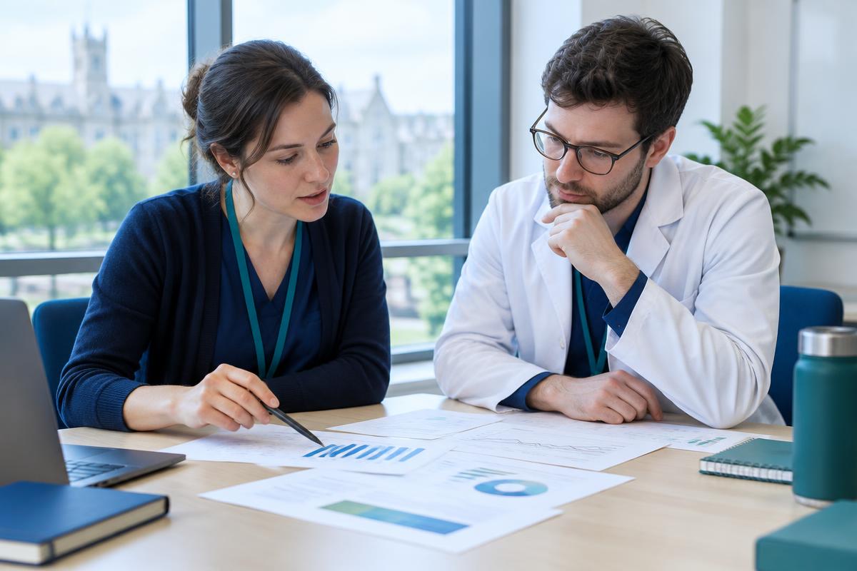 Illustrative scene of researchers reviewing study charts
