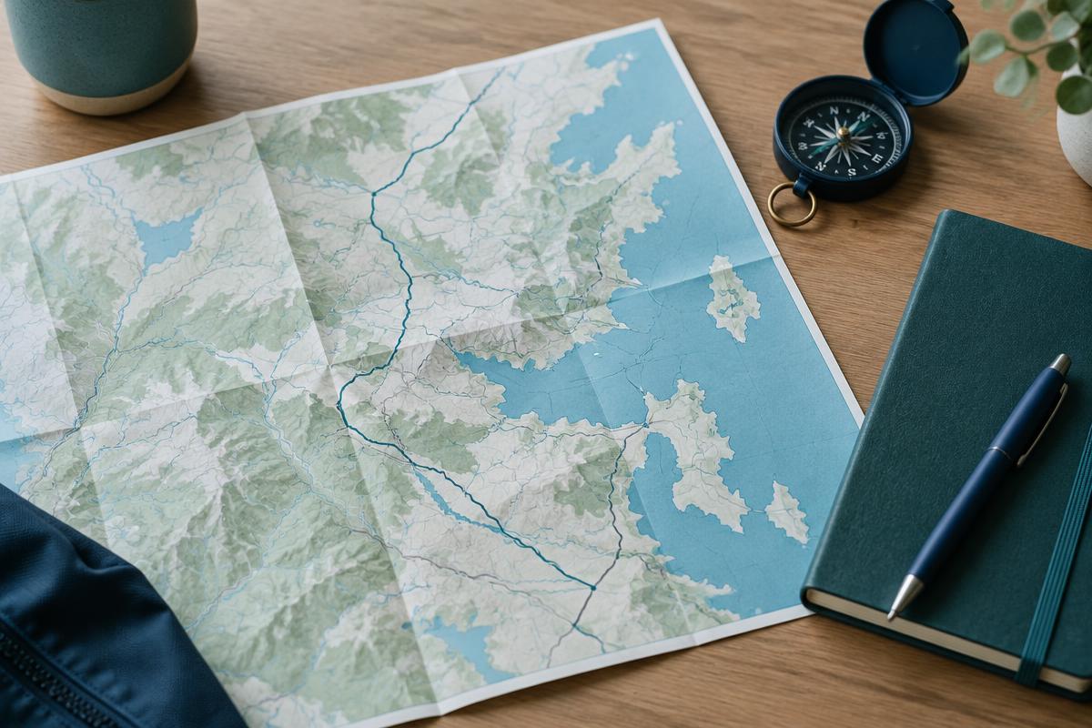 A map, notebook and compass on a desk