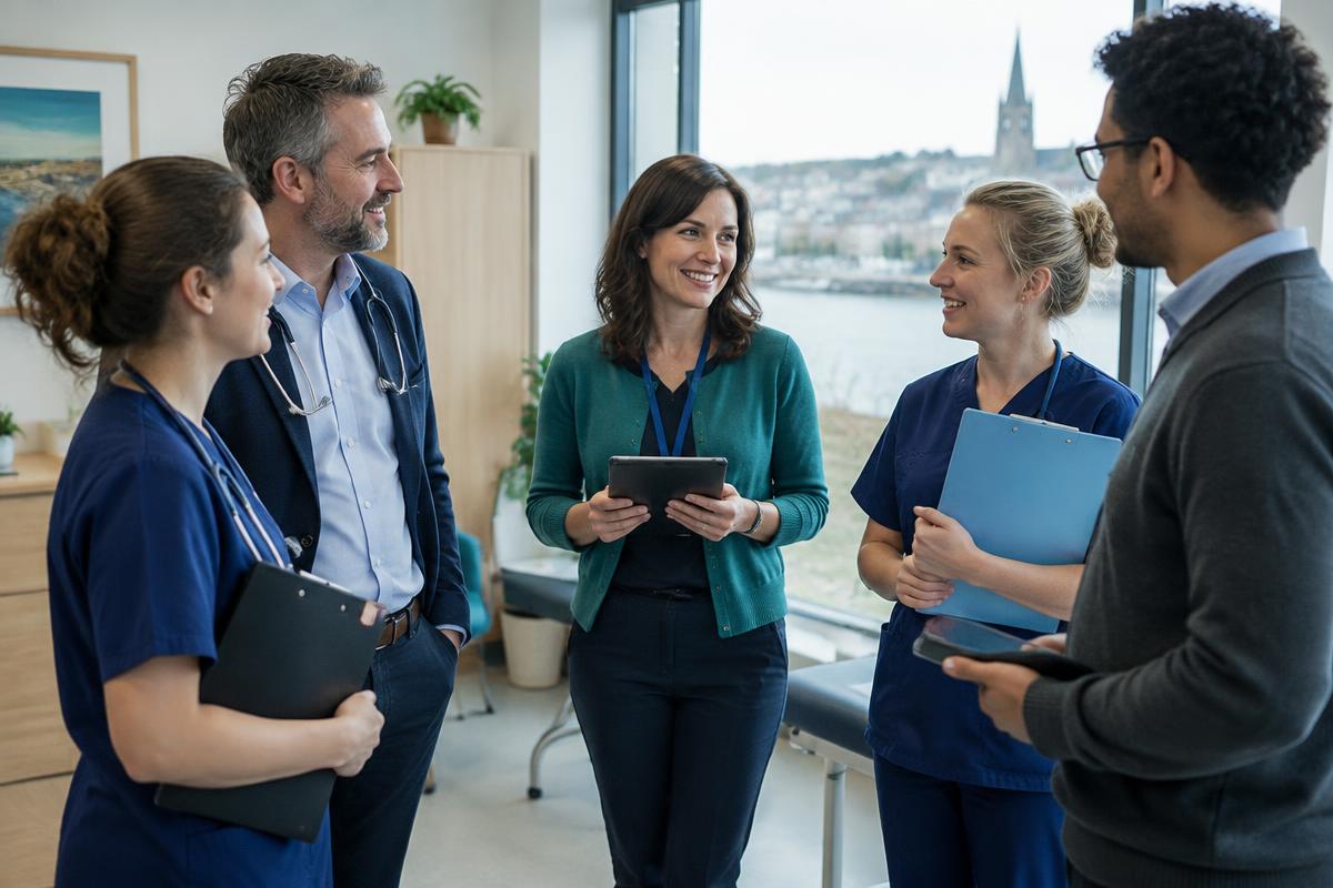 Healthcare and research colleagues talking together in a bright clinic room